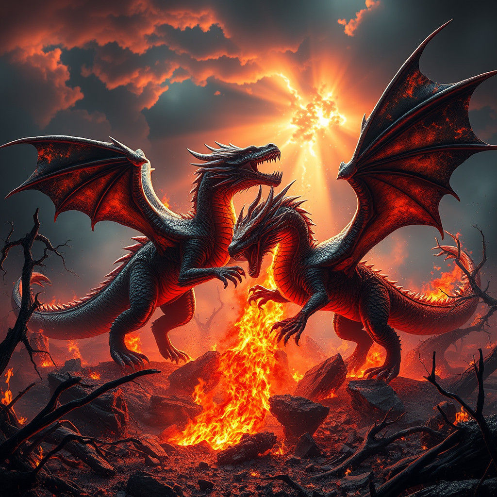 Dragons Clash in Fiery Battle, Fantasy Concept Art