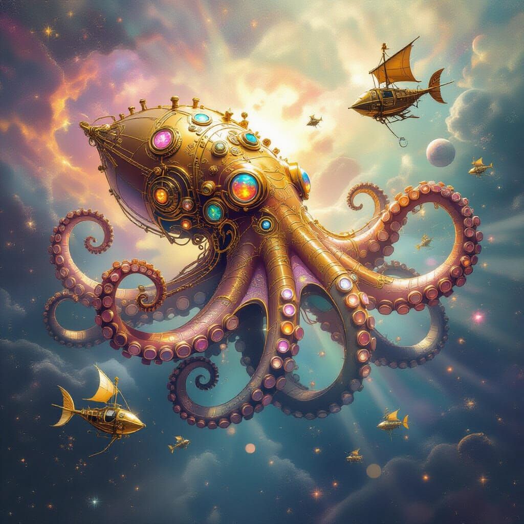 Steampunk Kraken Emerges from Nebula in Art Nouveau Style