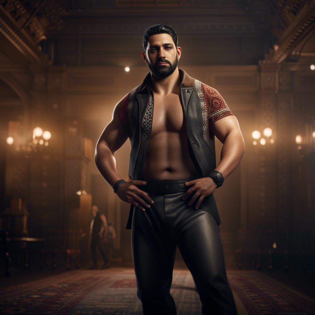 Muscular Man in Restaurant: Hyperrealistic Full-Body Portrai...