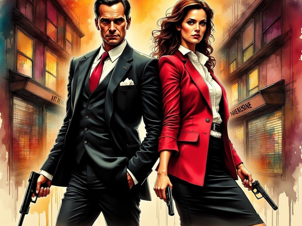 1980s Film Noir Inspired Portrait of Hitman and Hitwoman