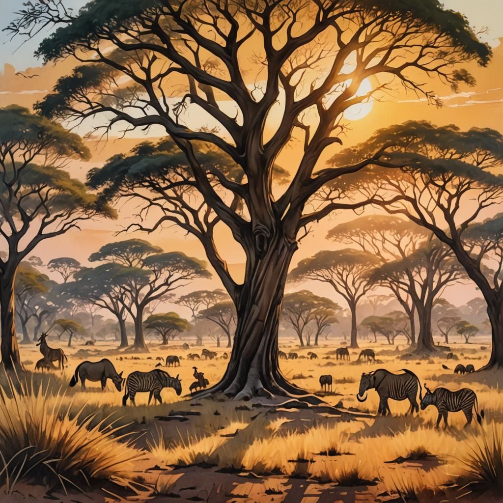 Savannah Landscape in Gouache Style with Acacia Trees
