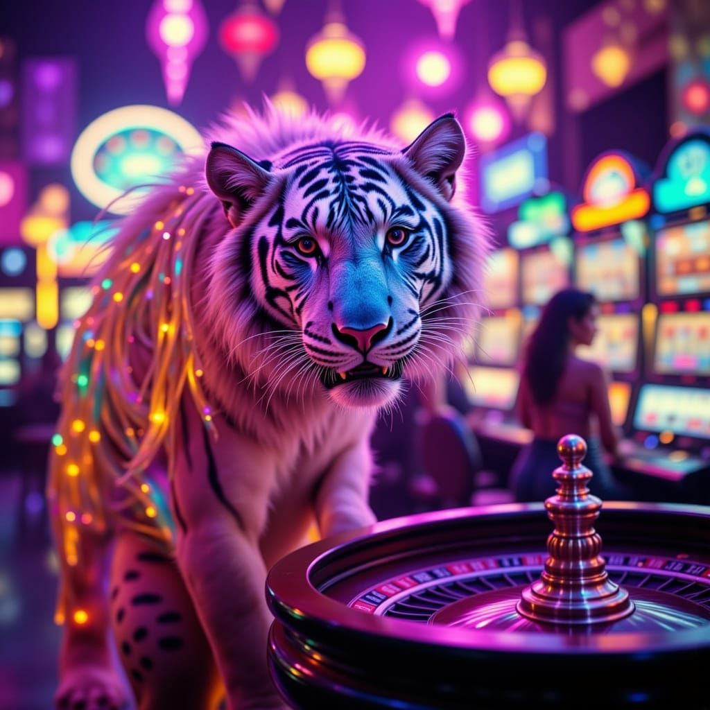 Tiger at Roulette Wheel with Vegas Showgirls and Lights