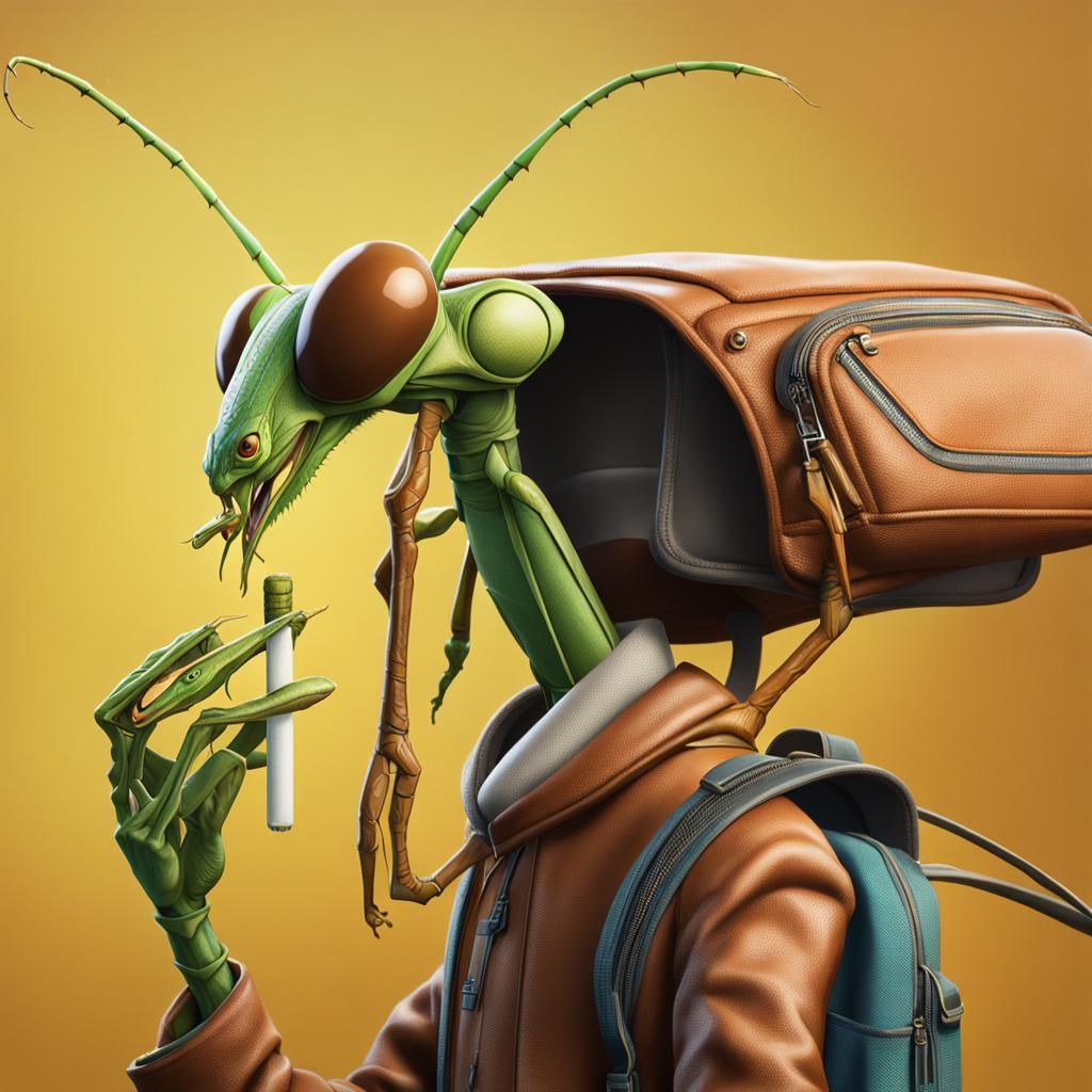 A praying mantis smoking a cigarette