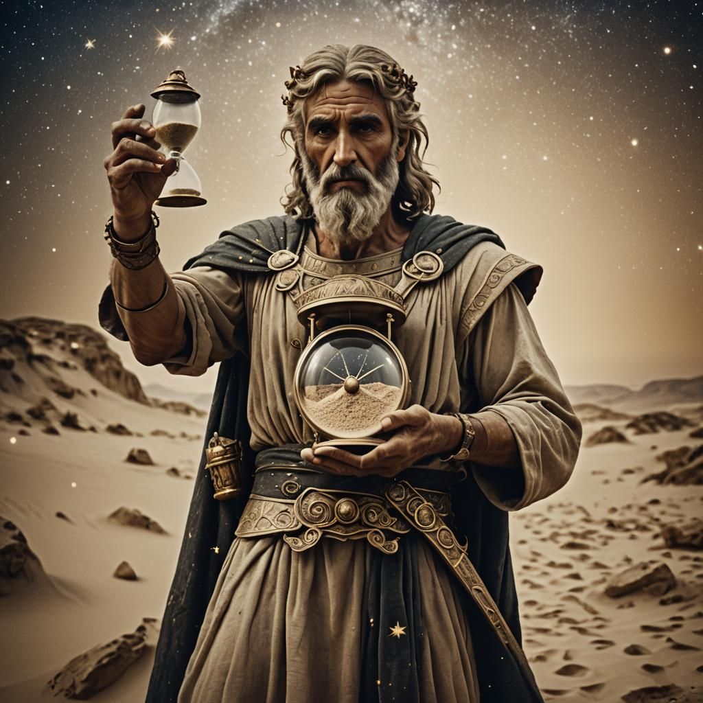 Dramatic Portrait of Chronos with Hourglass in Film Style
