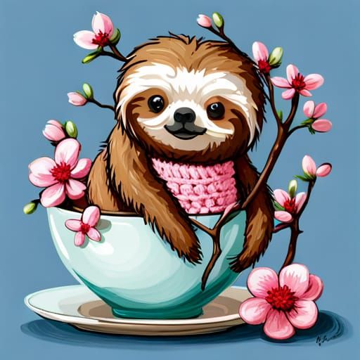 Adorable Crochet Sloth in Teacup with Knitted Frenchie