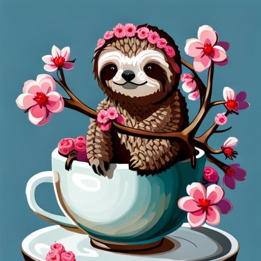 Adorable Crochet Sloth in Teacup, Digital Art