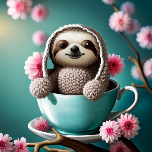 Adorable Crochet Sloth in Teacup, Whimsical Digital Art