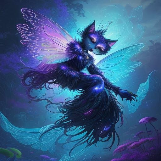 Cosmic Felines Pursue Enchanted Winged Beings in Vibrant Dre...
