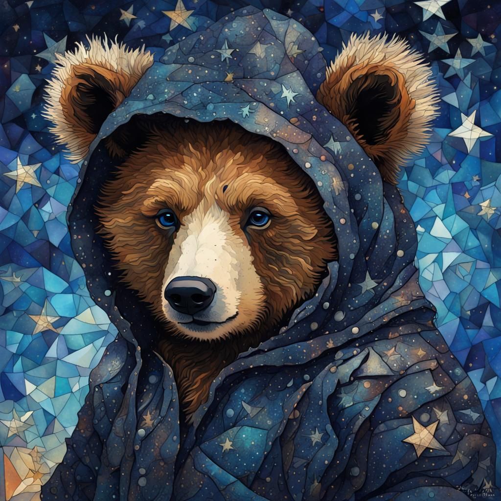 an adorable bear cub dressed in a patched coat, dark starry ...