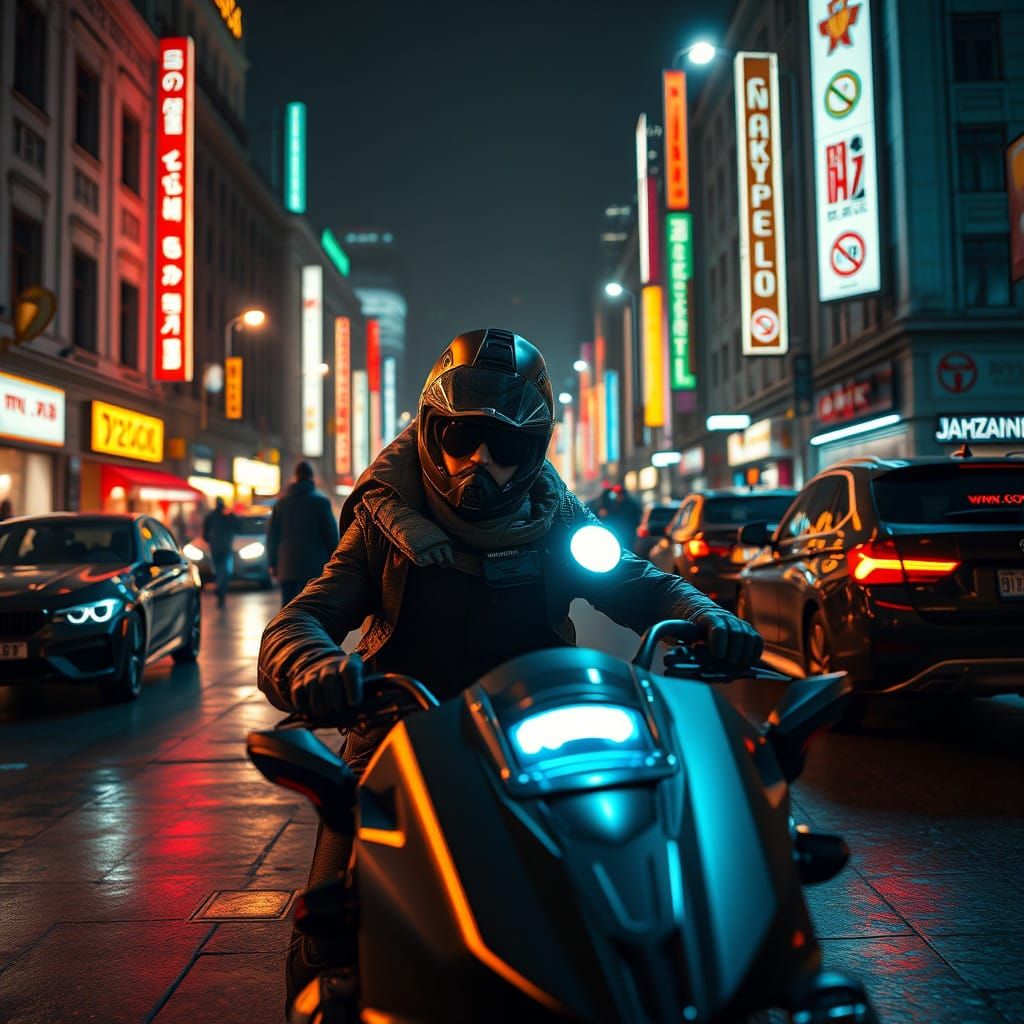 Cyberpunk Biker in Post-Apocalyptic Cityscape