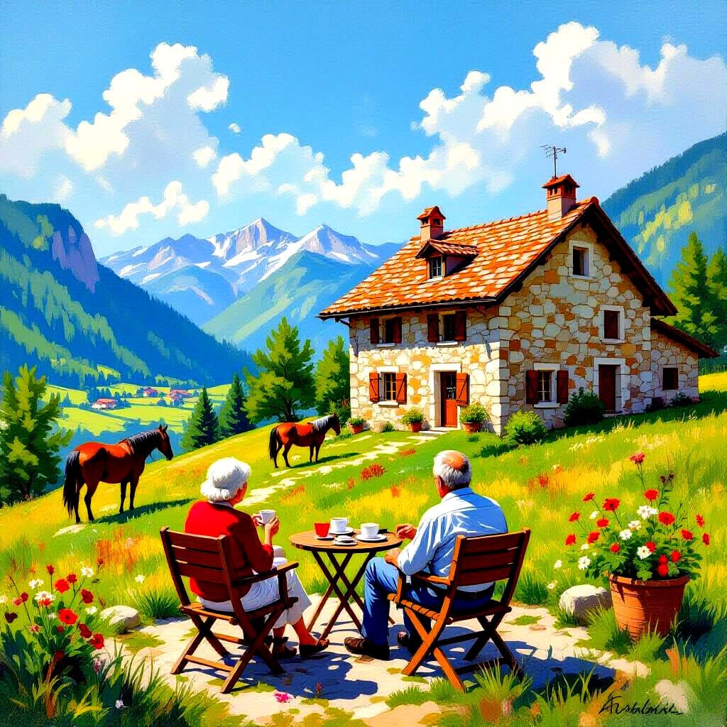 Elderly Couple Enjoying Coffee in Gouache Style