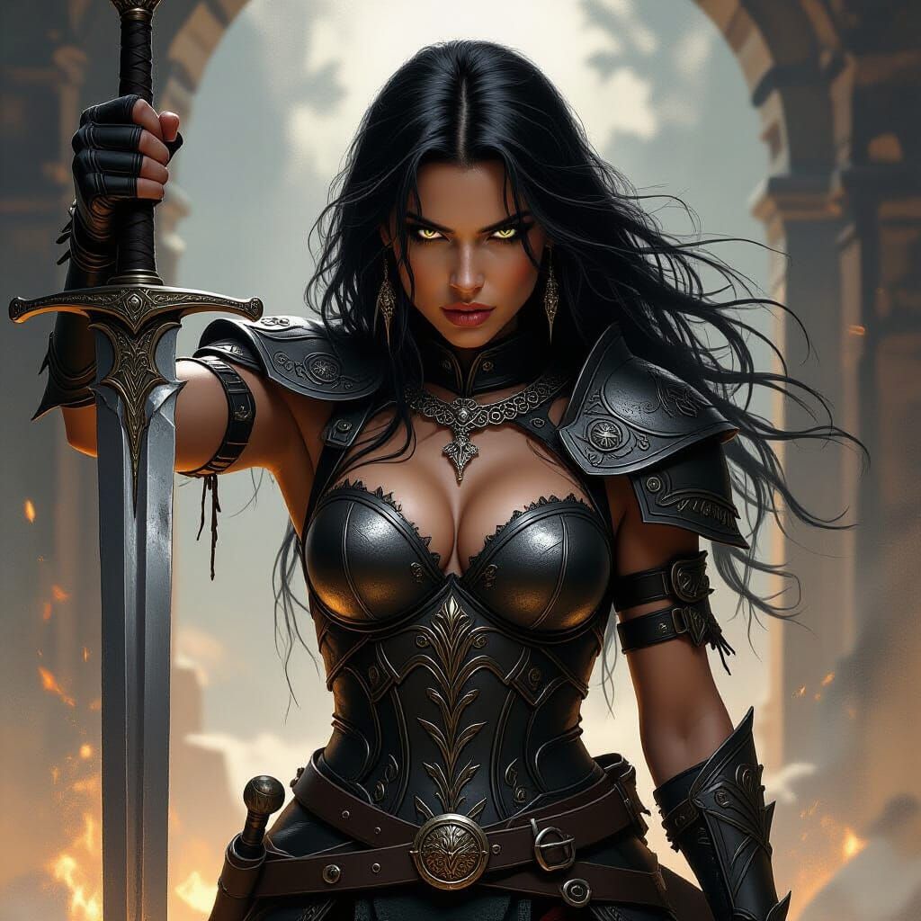 Fierce Warrior Woman in Leather Armor, Ready for Battle