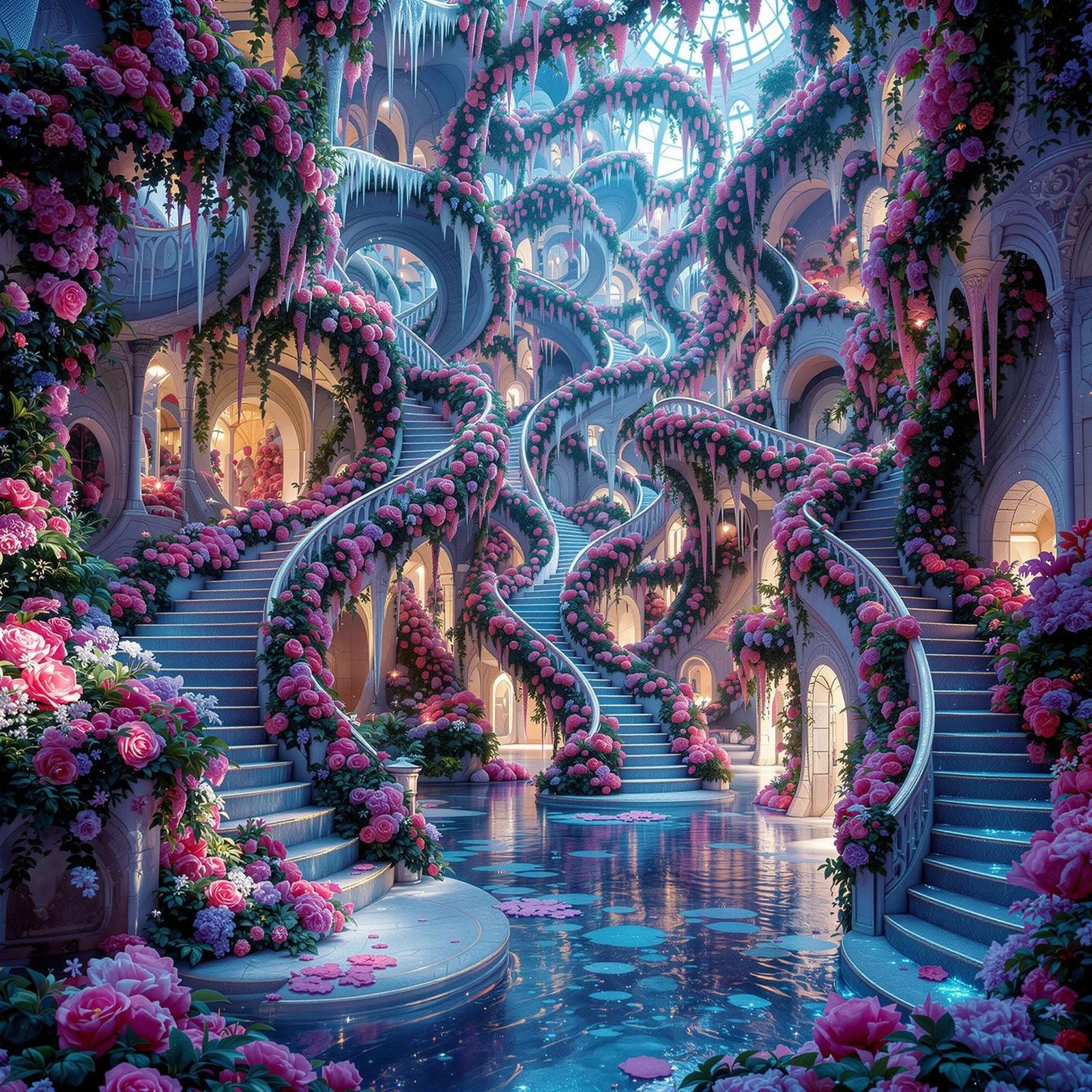 Surreal Staircase Maze with Artificial Flowers in Dreamlike ...