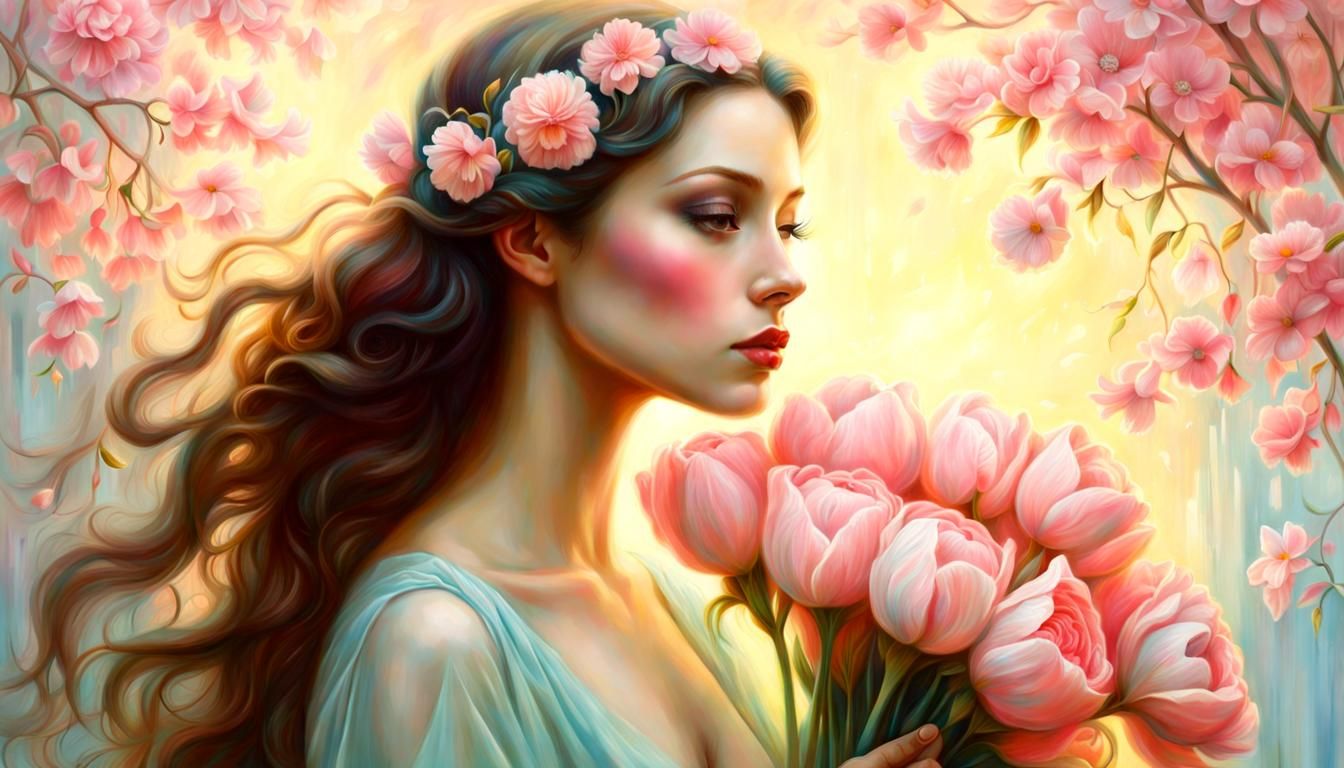 Dreamy Pastel Portrait of Woman with Flowers