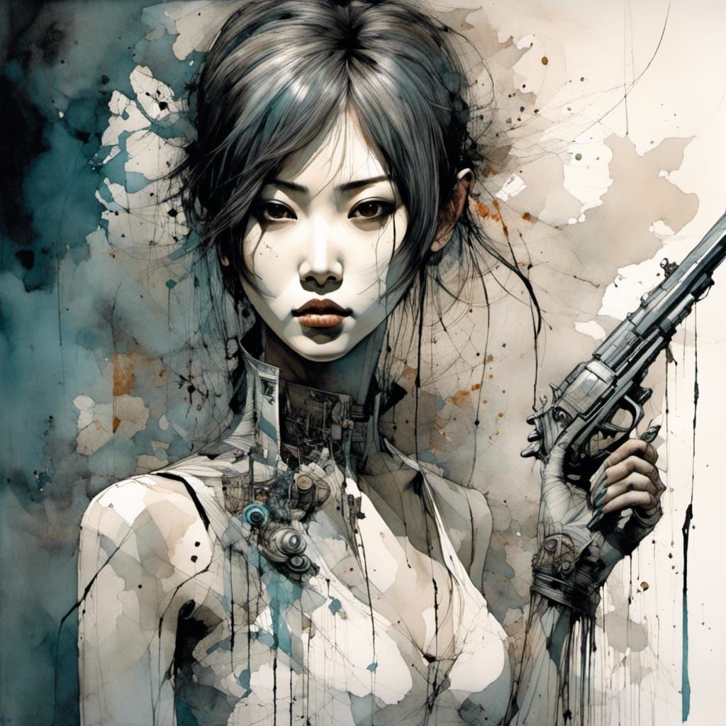 Female Asian Cyborg with Smoking Gun