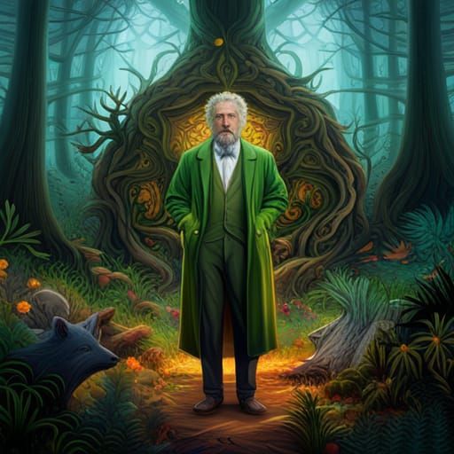 Green Man Surrounded by Animals in Spring Woods