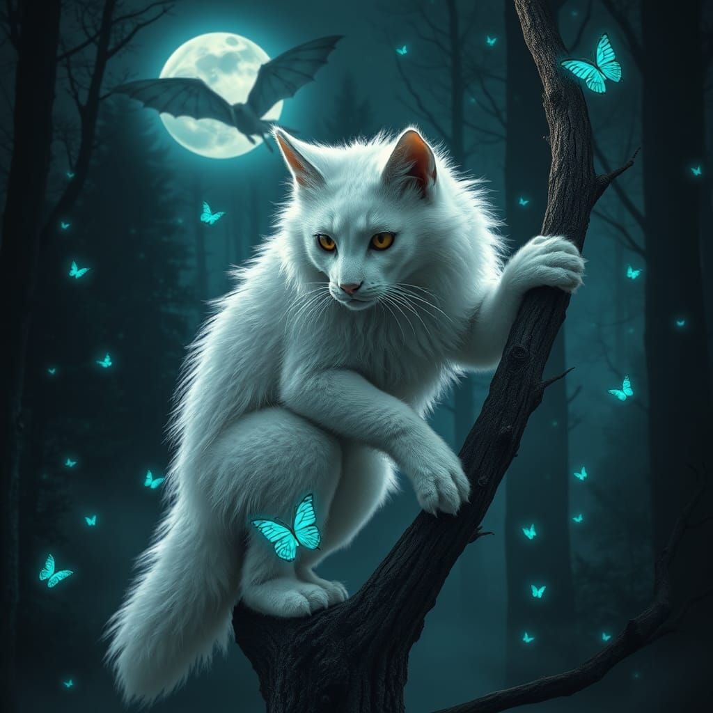 Werewolf-Angora Cat Hybrid in Misty Forest
