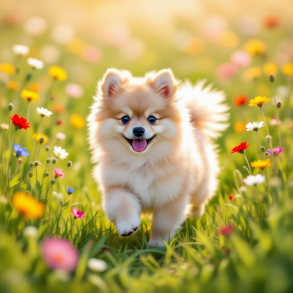 Pomeranian Puppy in Wildflower Meadow, Impressionistic Style