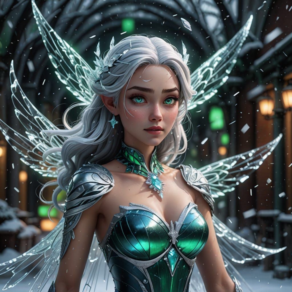 ice elemental female fairy, ice and snow swirling around her, with glowing blue skin, silver hair, green eyes, large cle...