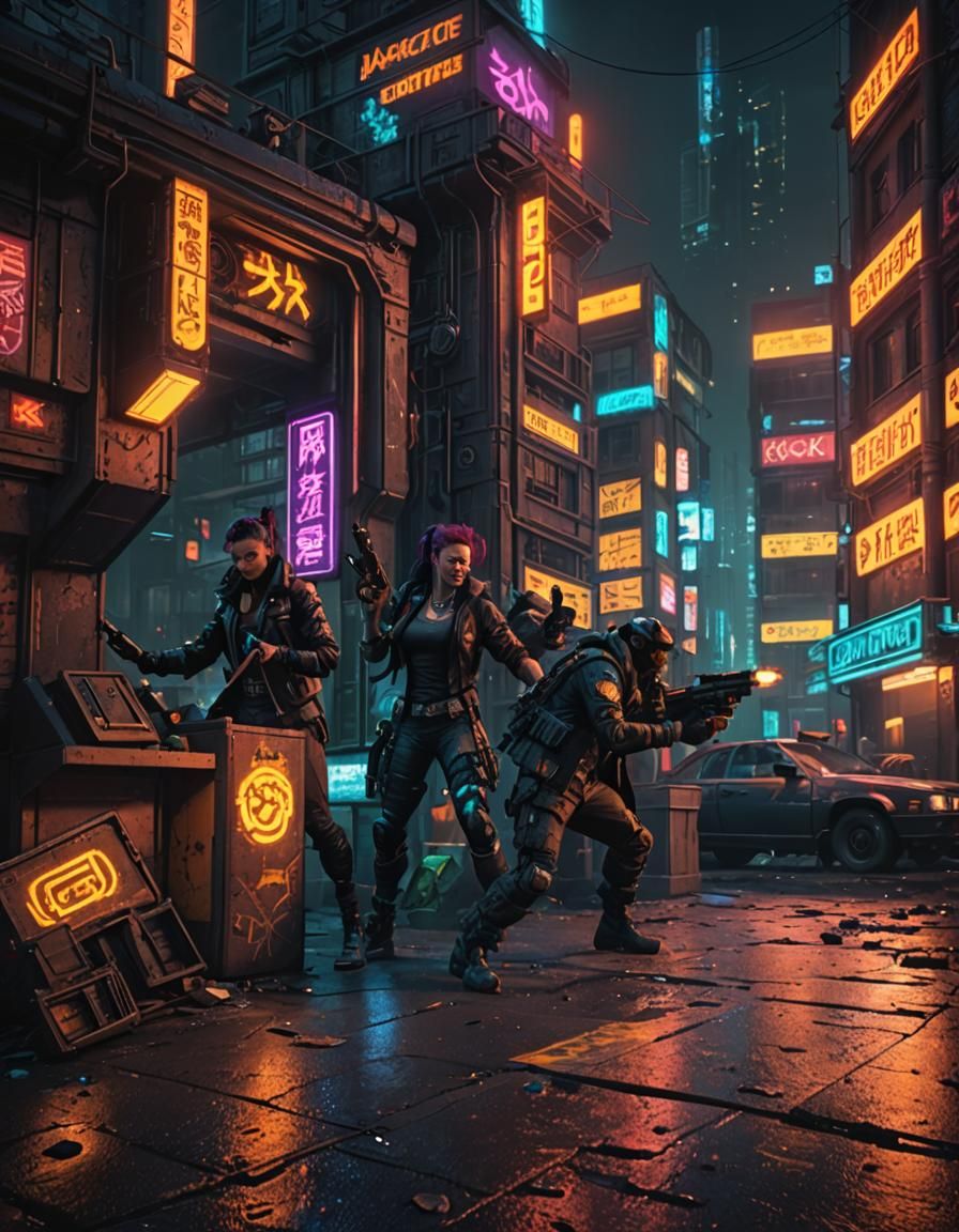 Cyberpunk Gunfight in Neon Alleyway