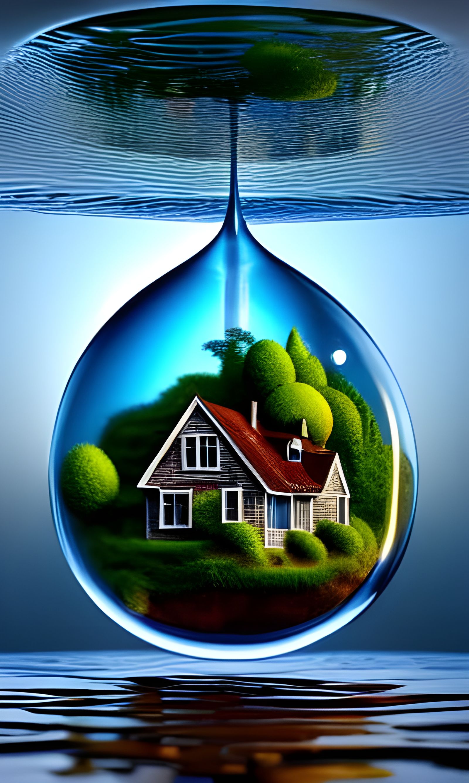 House Inside a Water Droplet: Hyperrealistic Digital Art