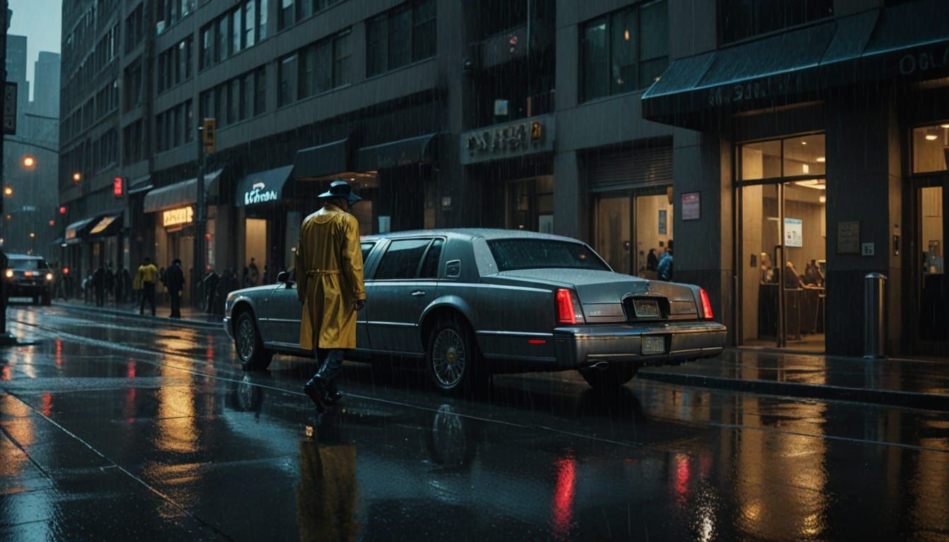 Cyberpunk Raincoat Clad Man Runs to Futuristic Limousine