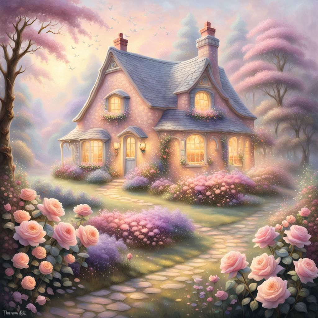 Rainbow Roses Around Cottage in Ethereal Style
