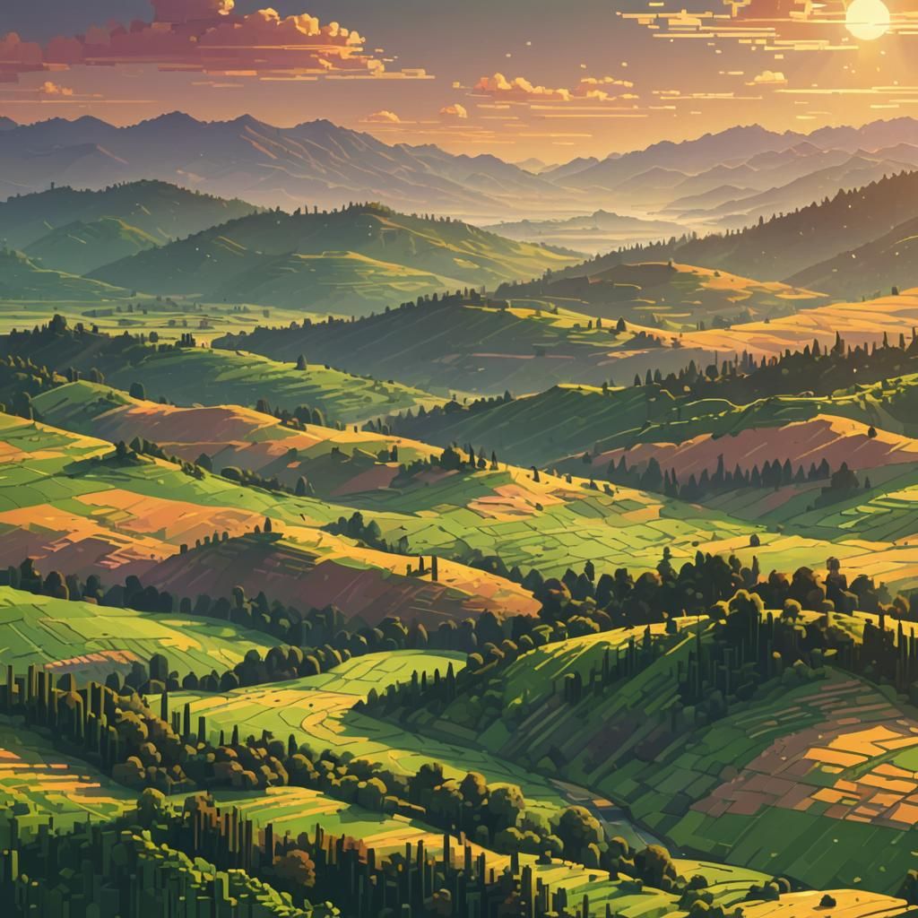 Golden Sunset Over Green Valley in Pixel Art