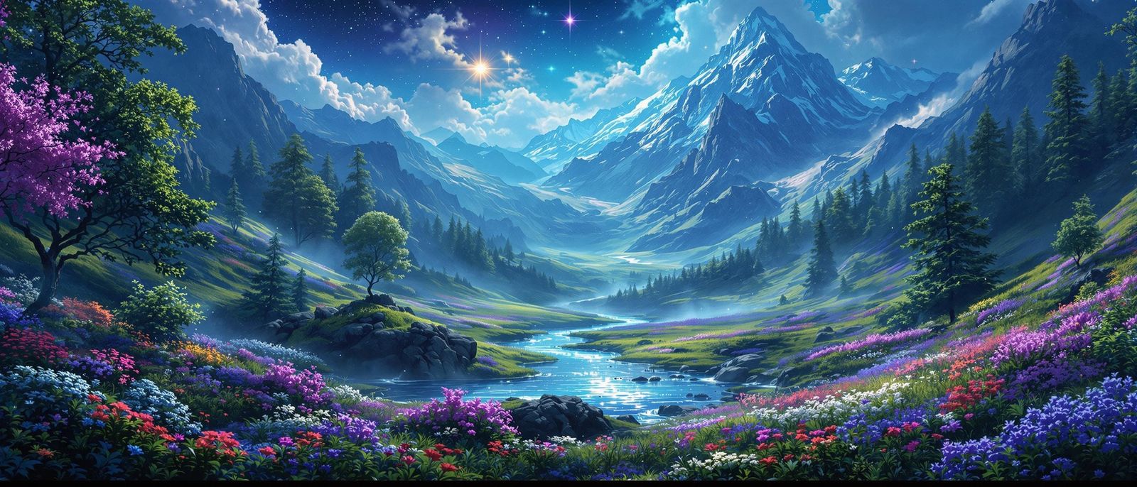 Epic Mountain Valley Scene in Maximalist Digital Style