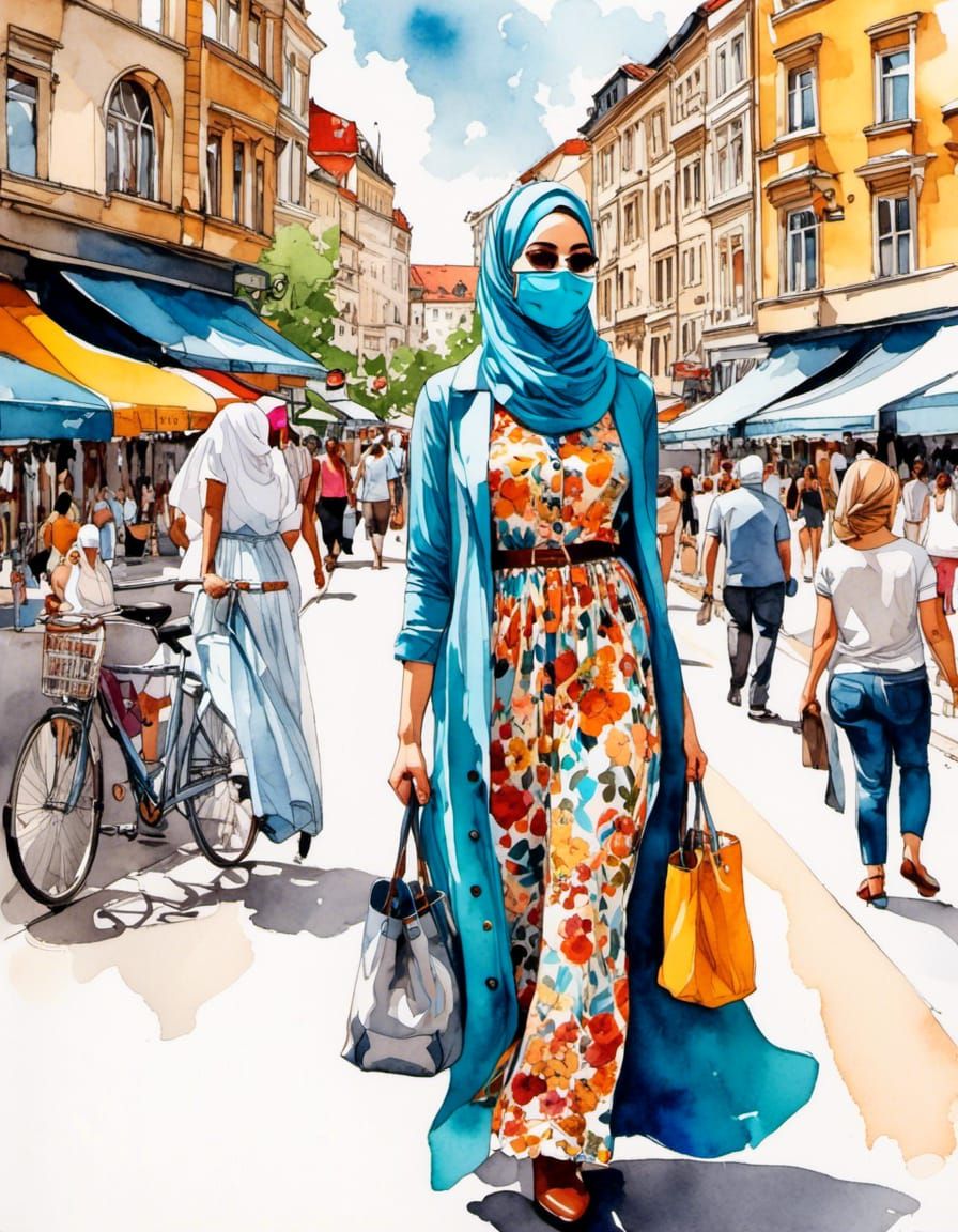 Hijabi Woman Shopping in City: Watercolor Art