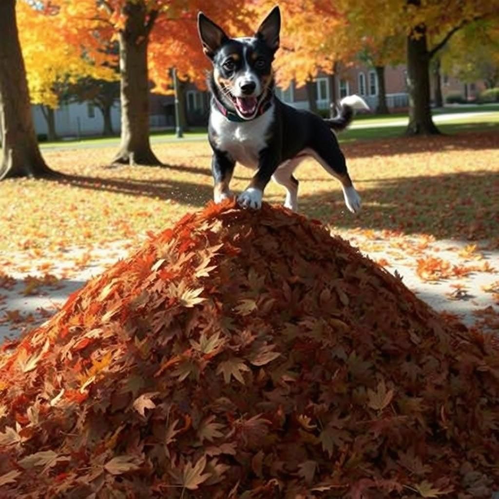 Dog Leaping into Huge Autumn Leaf Pile