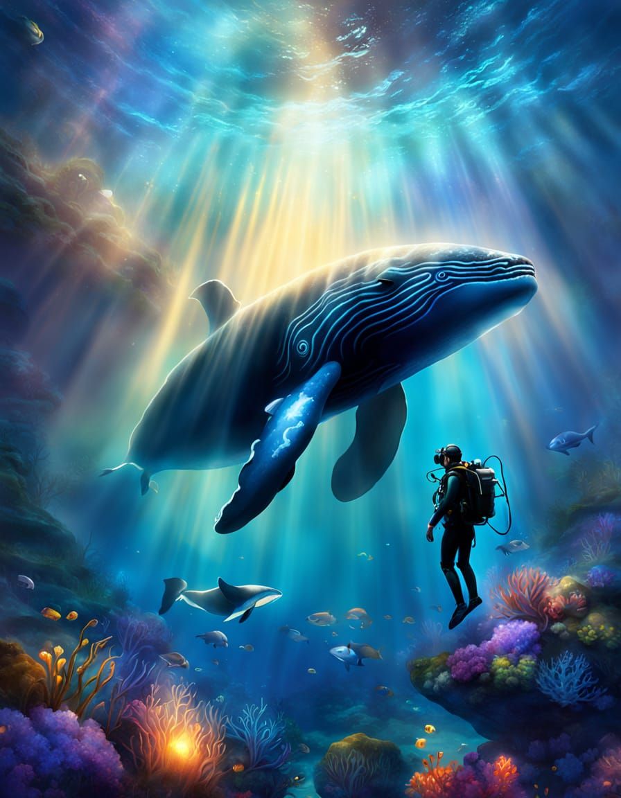 Diver and Whale in Ethereal Underwater Fantasy