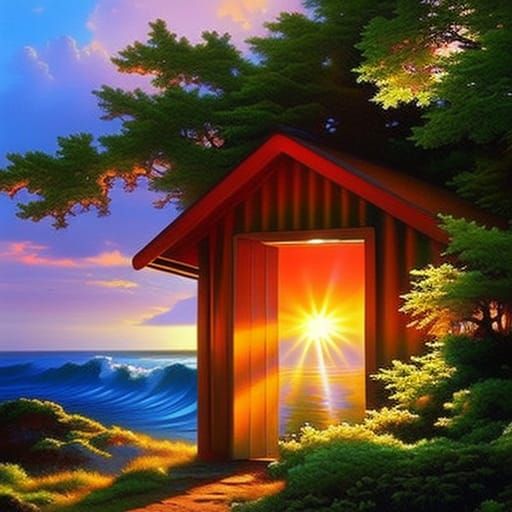 Seaside Outhouse Sunset: Photorealistic Painting
