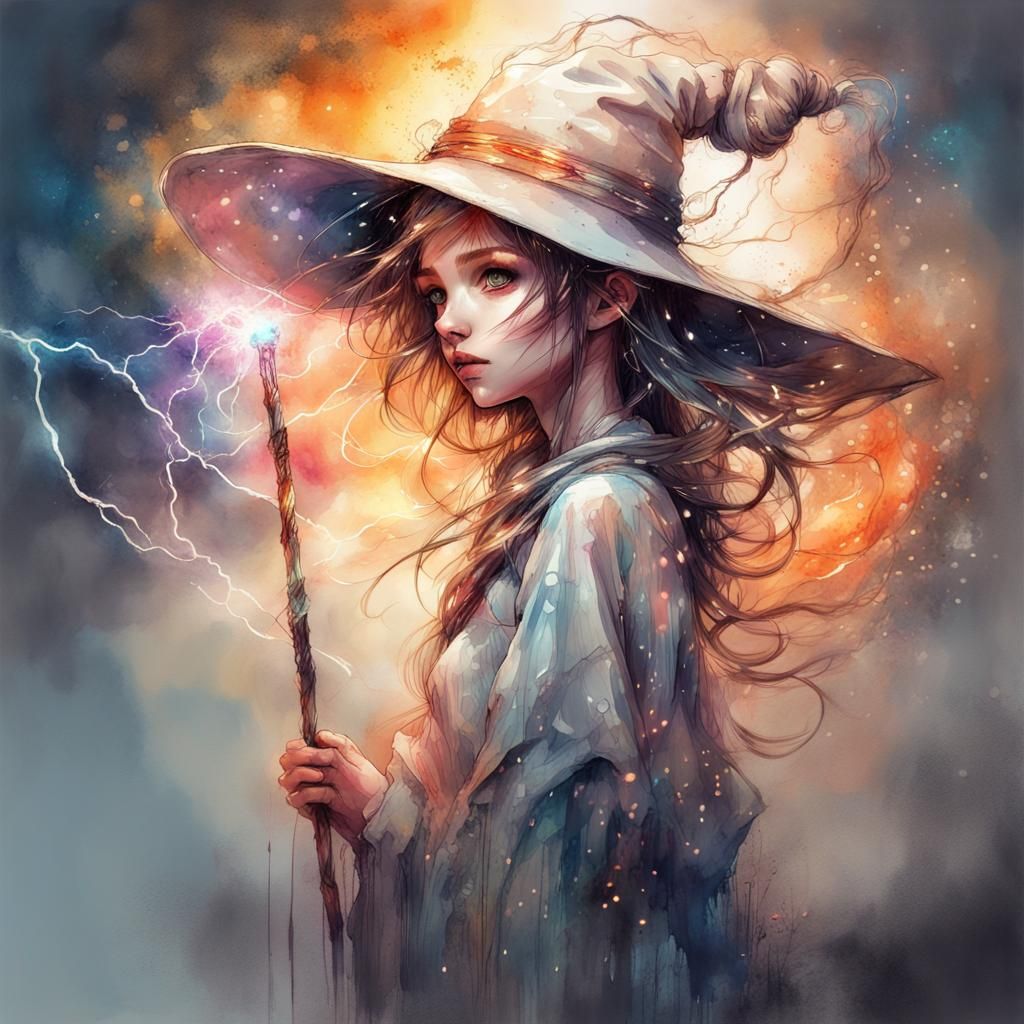 Electric Witch in Watercolor Fantasy Landscape