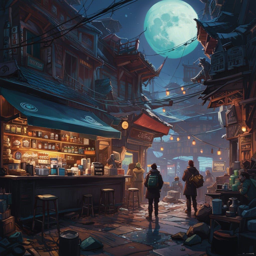 Moon Coffee Shop Barista in Detailed Painting Style
