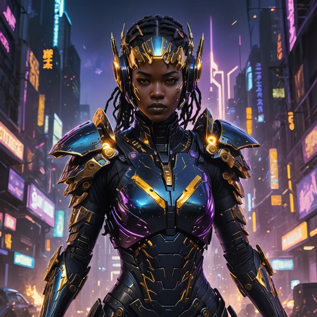 Cyborg Woman in Cyberpunk Cityscape Concept Art