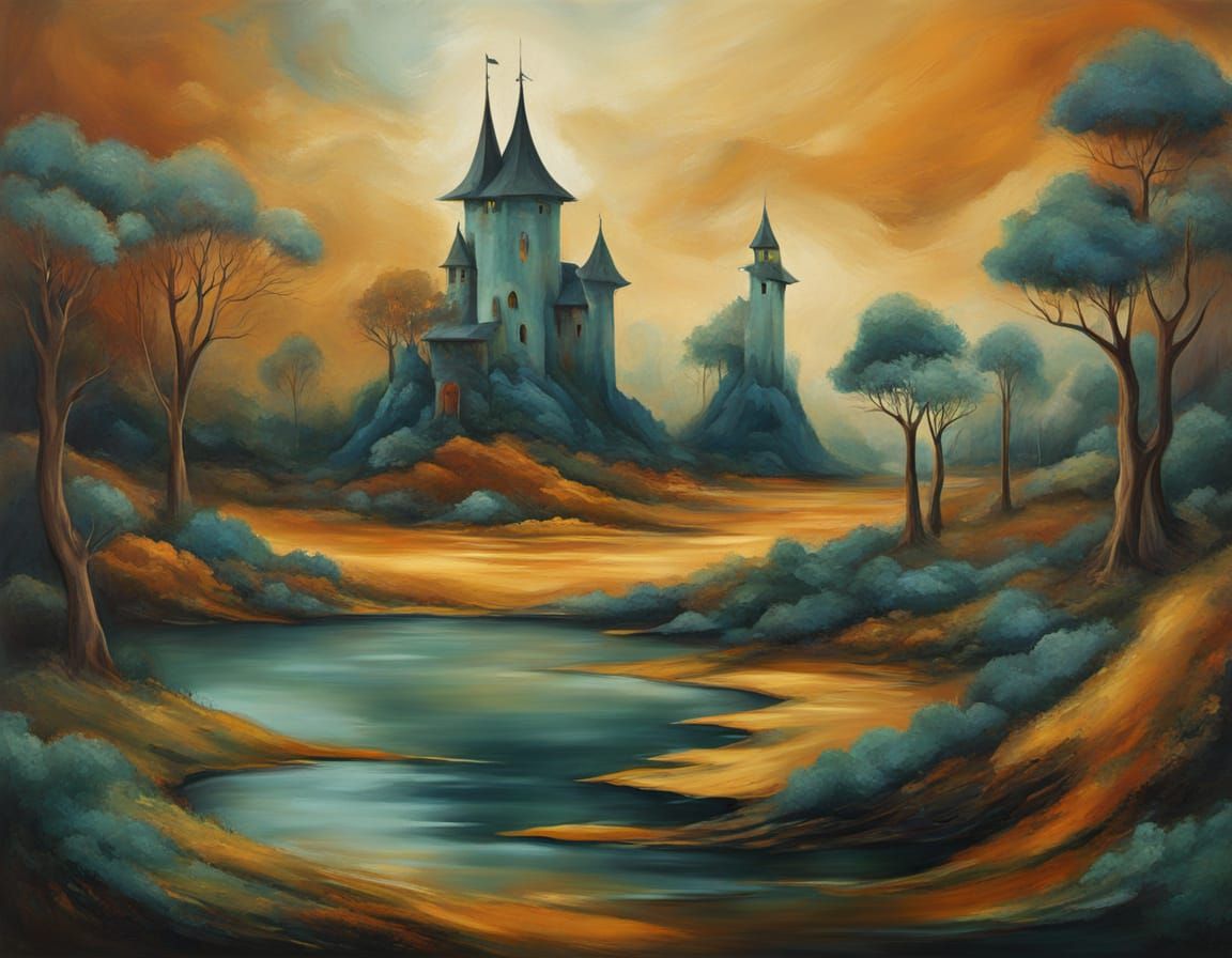 Surreal Bronze Medieval Painting in Tonalist Style