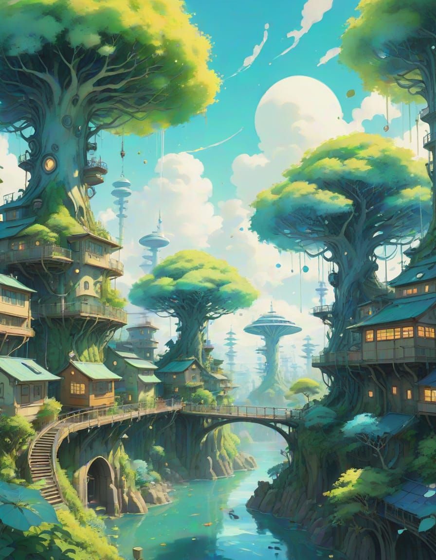 Ethereal Bioluminescent Village in Soft Pastel Hues