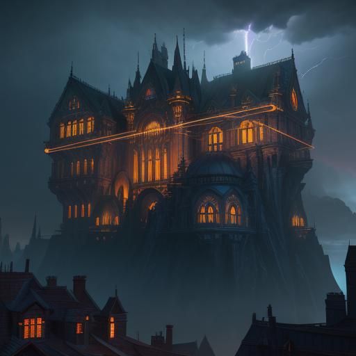 Woman in Window Silhouette with Lightning Sky