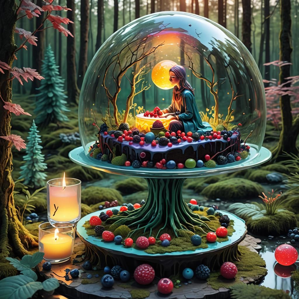 Bioluminescent Forest Cake with Scandinavian Woman