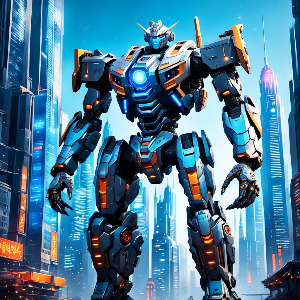 Imposing Mecha in Futuristic Cityscape