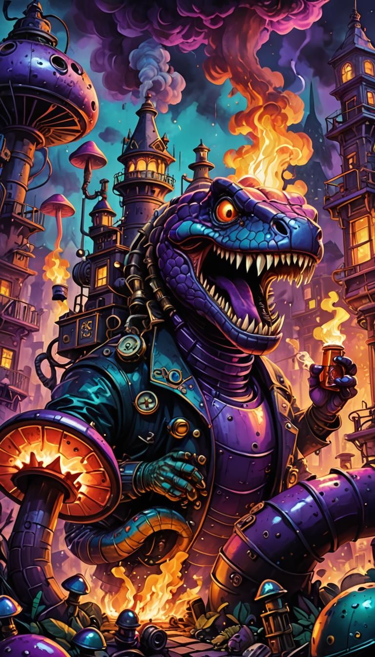 Psychedelic Steampunk Snake in a Neon Metropolis