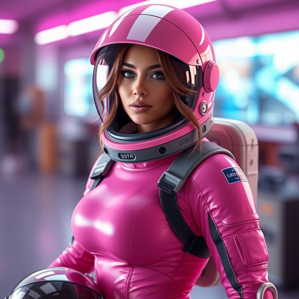 Hyperrealistic Pink Spacesuit Fashion Portrait