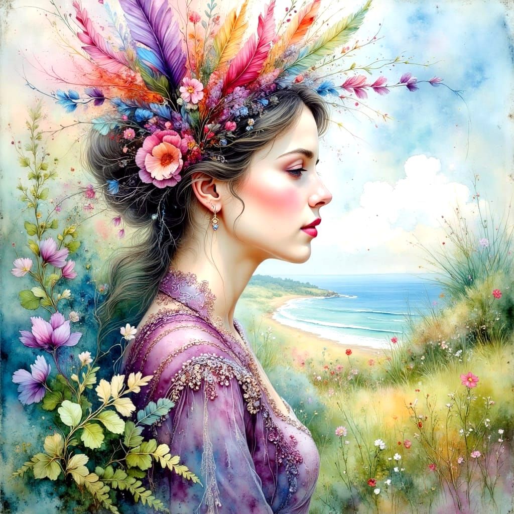 Colorful Watercolor Portrait with Feathers and Ferns