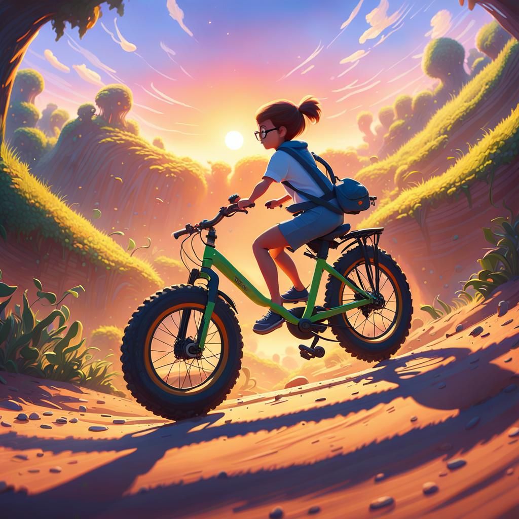 Woman and Child on Electric Bicycle at Sunset