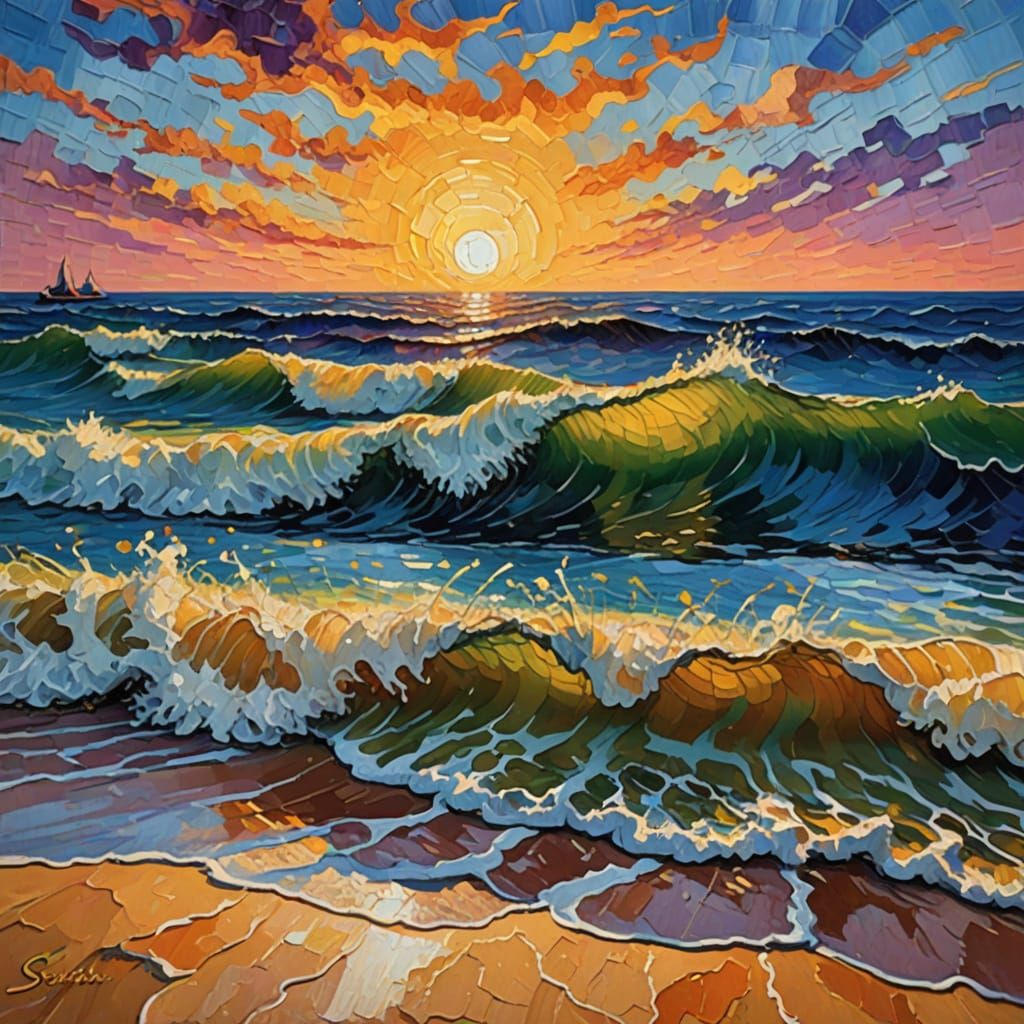 Vibrant Neo-Impressionist Oil Painting of Waves at Sunset