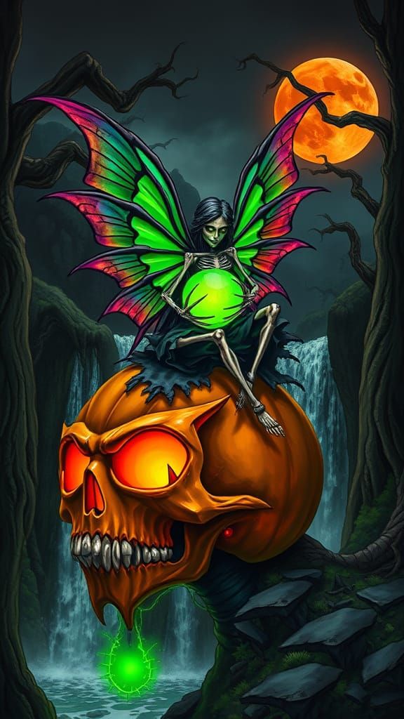 Skeletal Fairy with Rainbow Wings Holds Glowing Orb on Sugar...