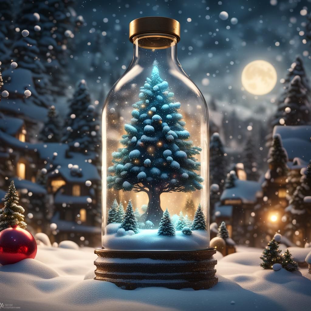 Christmas Tree in a Bottle with Falling Snow
