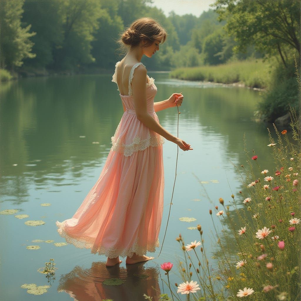 Serene Morning with Water Lilies and Abandoned Fishing Rod