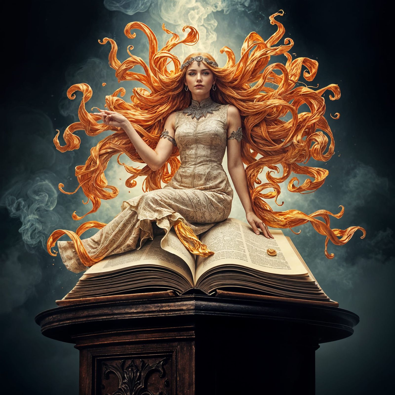 Enchanted Tome: Woman Formed from Flowing Words